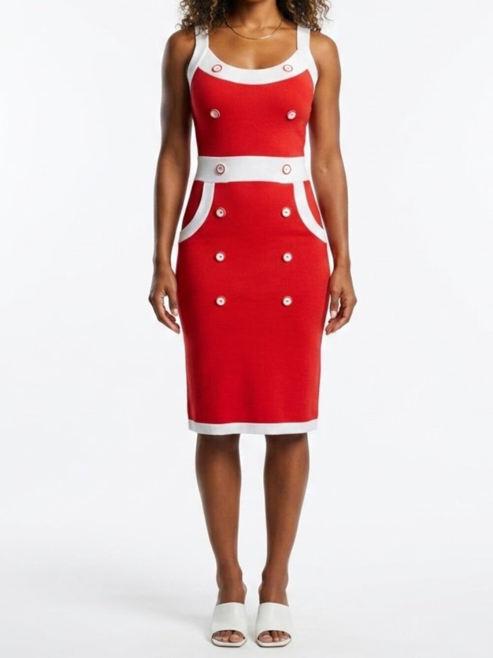 VENUS Mod 60s Retro Red White Button Knit Pencil Bodycon Dress Size 2